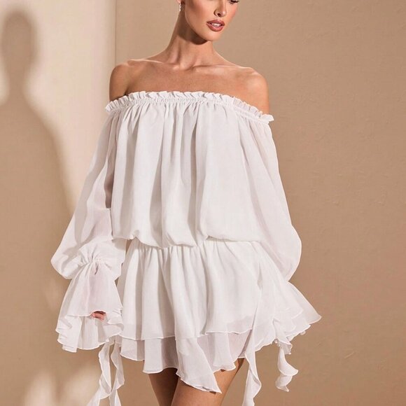 White Boho Women's Elegant French Style Off-Shoulder Long Sleeve Shirt Dress - Picture 8 of 9